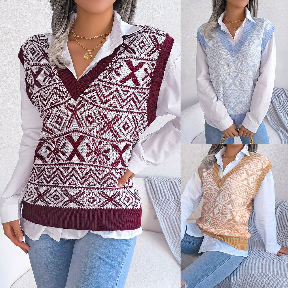 Pull tricoté col en V motif flocon de neige automne-hiver de Noël 