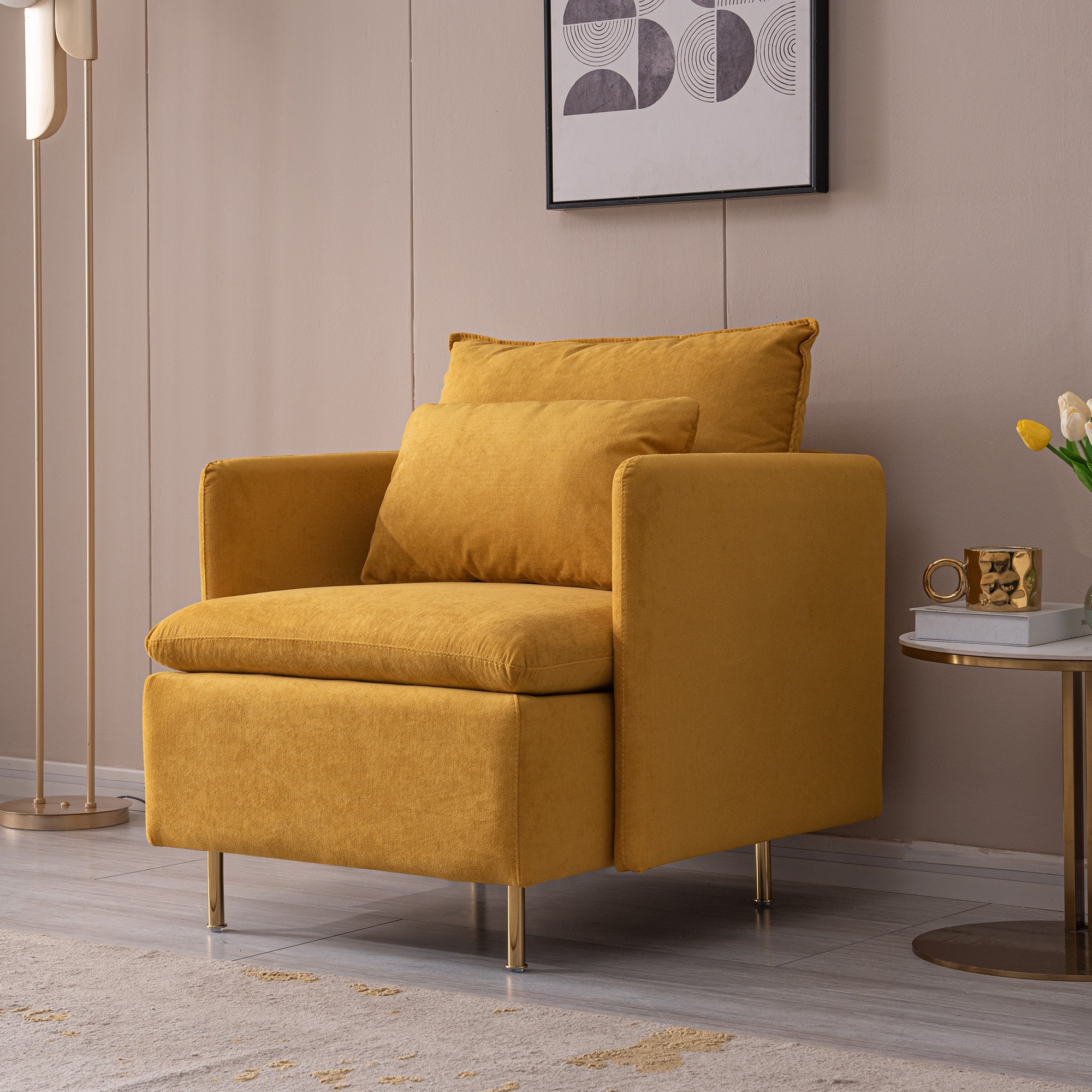 Modern Fabric Accent Armchair,upholstered Single Sofa Chair,Yellow Cotton