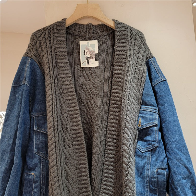 Sweater splicing denim jacket women's long sleeved short knitted cardigan