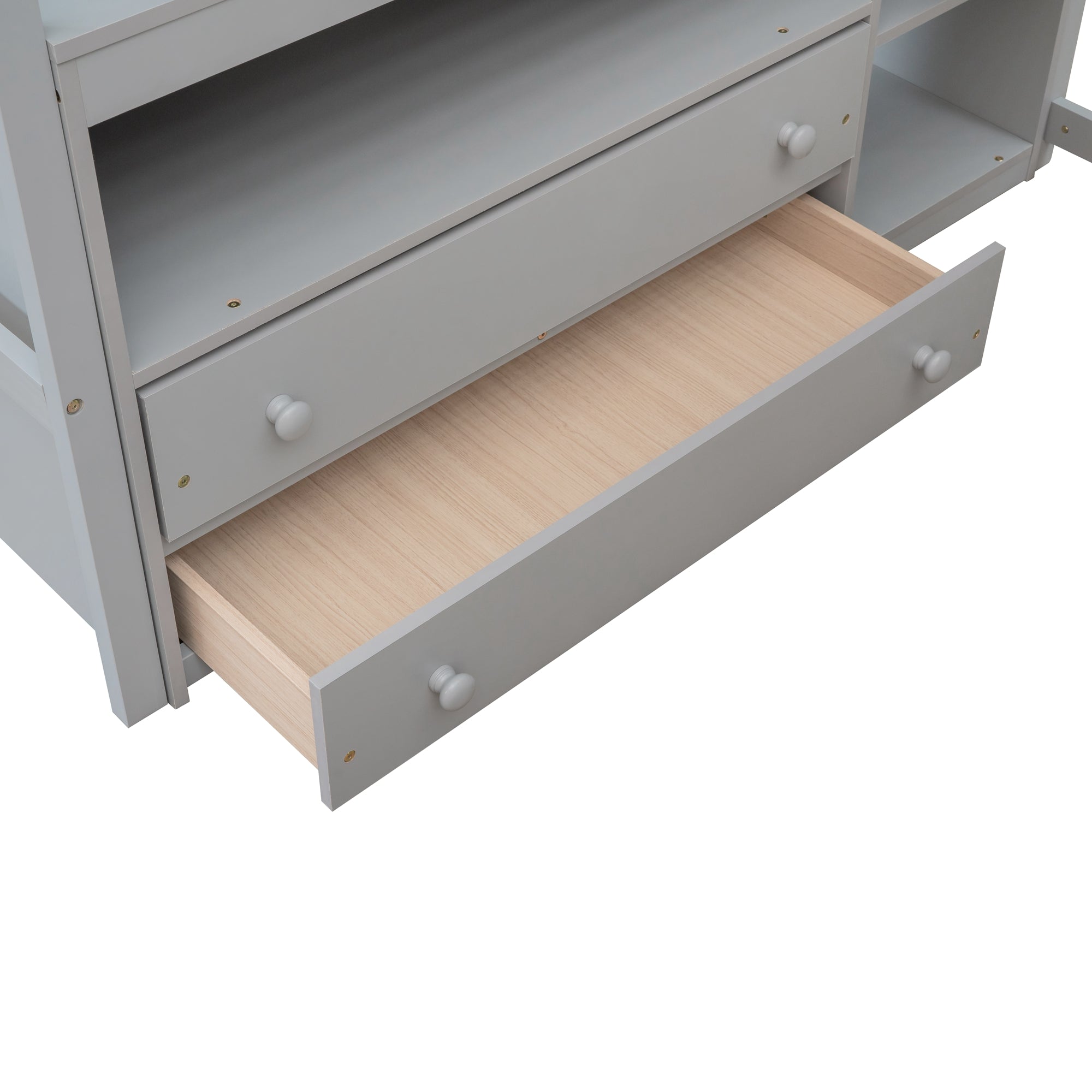 Full Size Loft Bed with Desk and Shelves,Two Built-in Drawers Gray