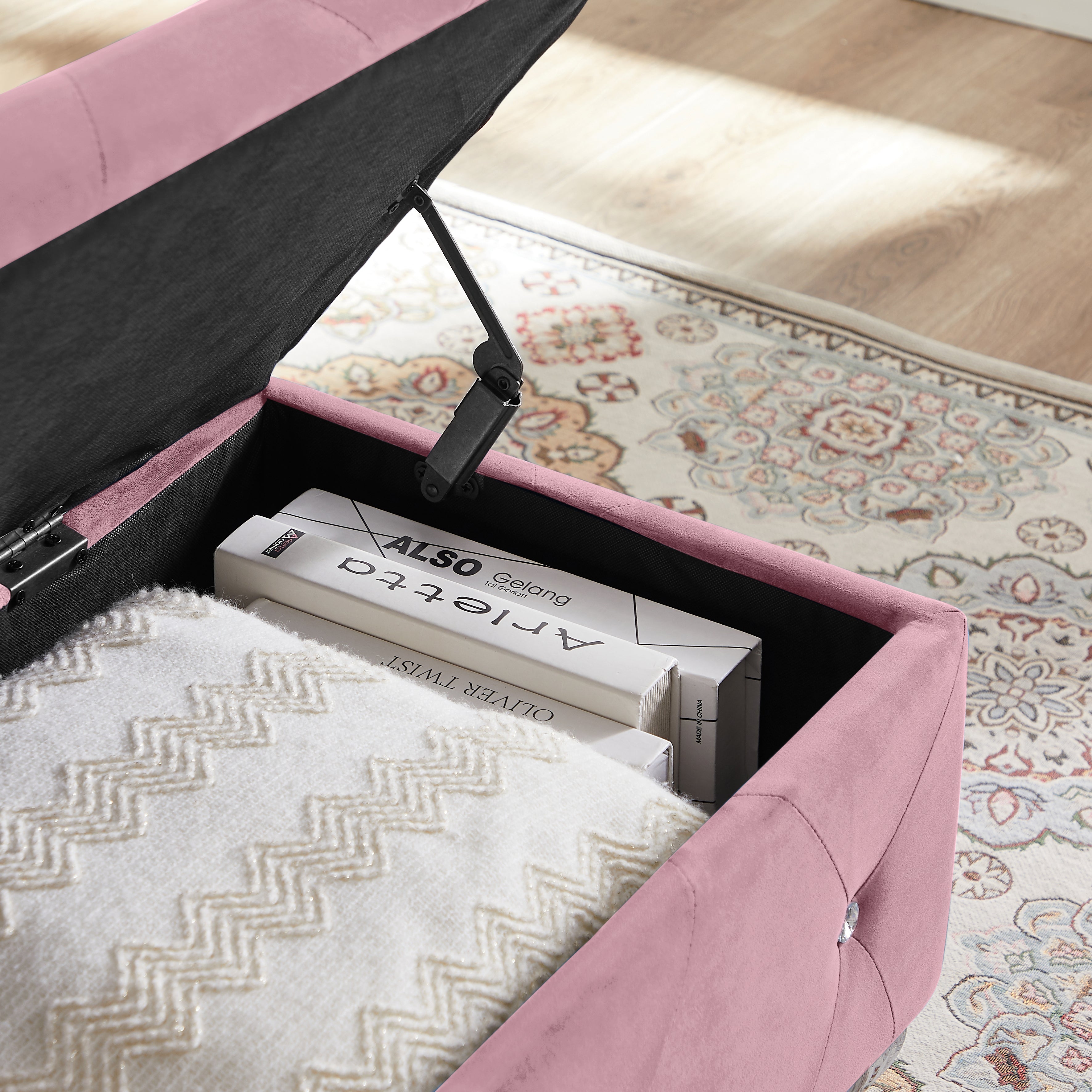 Pink Velvet Storage Flip Top Entryway Bench Seat