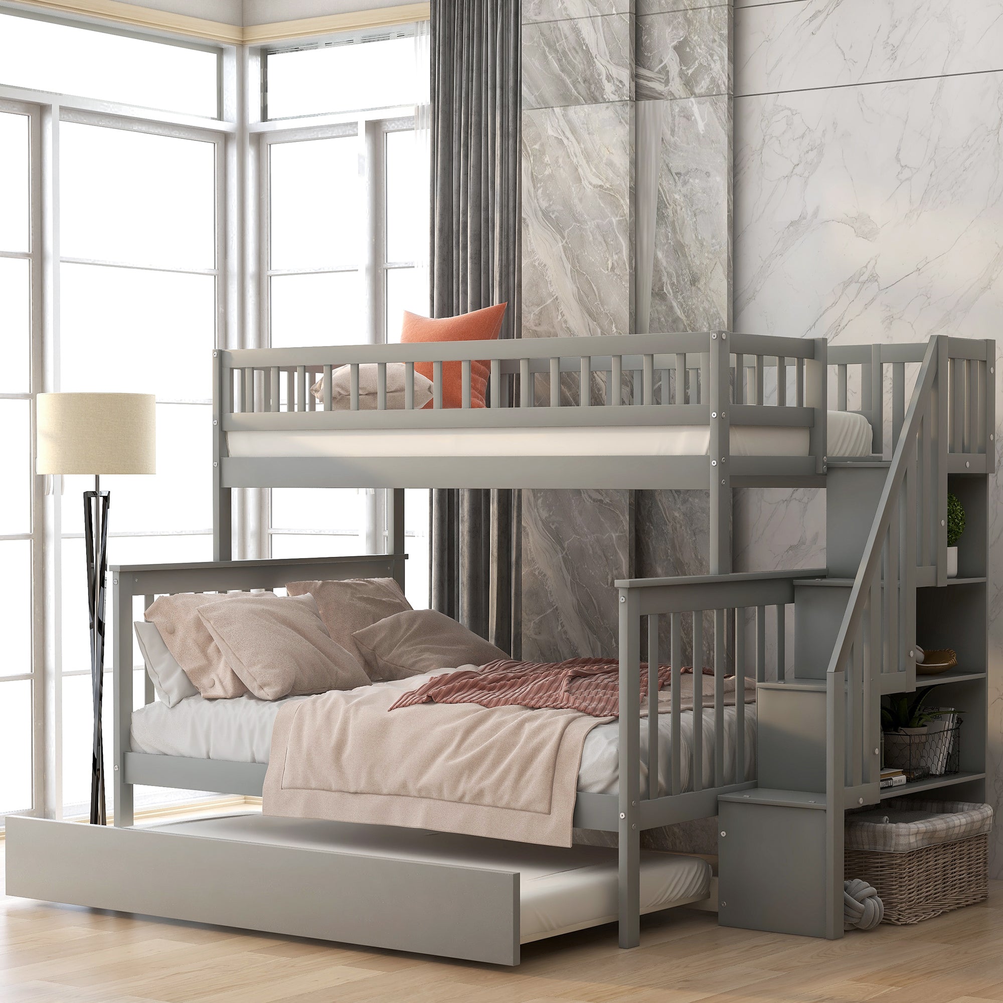 Cama litera doble sobre cama matrimonial con nido y escalera gris