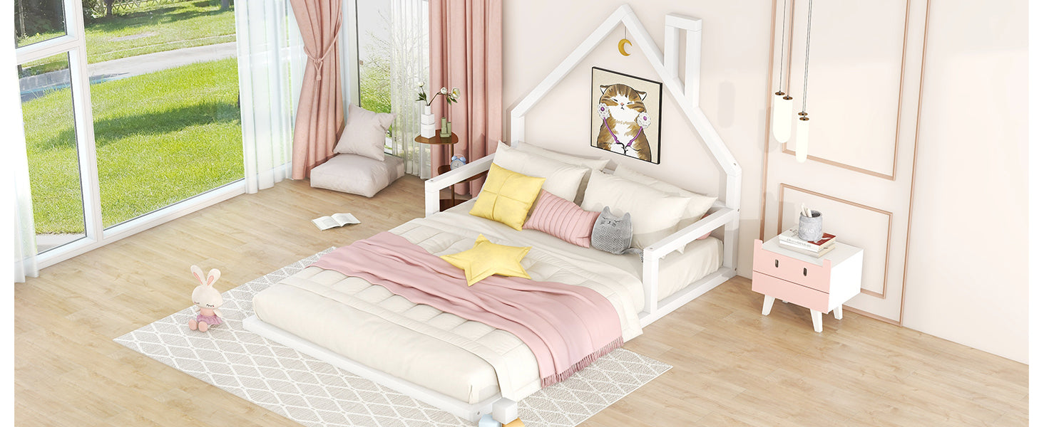 Full Size Wood Floor Bed with House-shaped Headboard  White