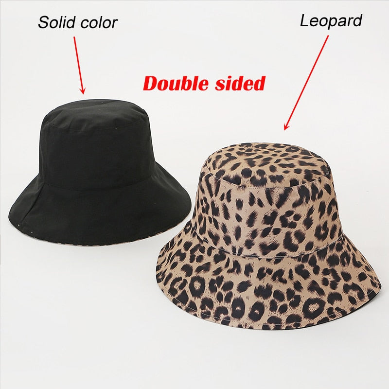 Chapeau seau léopard noir à deux côtés pour femmes et hommes, chapeau de soleil réversible Panama, chapeau d'été pour dames, protection solaire de plage, chapeaux de pêcheur 