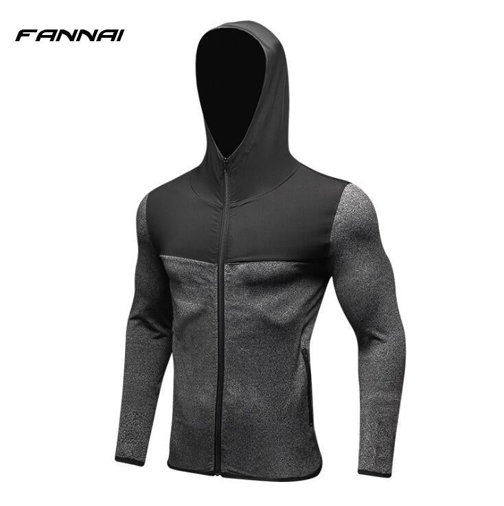 FANNAI Vestes de course pour hommes Manteau de sport de fitness Football Entraînement en plein air Gym corset à capuche Mince Séchage rapide Fermeture éclair réfléchissante 