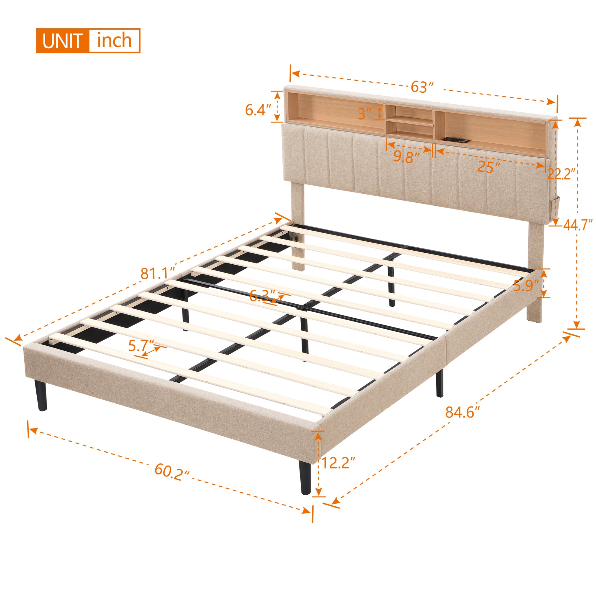 Queen Size Upholstered Platform Bed with Storage Headboard and USB Port Linen Fabric Upholstered Bed (Beige)