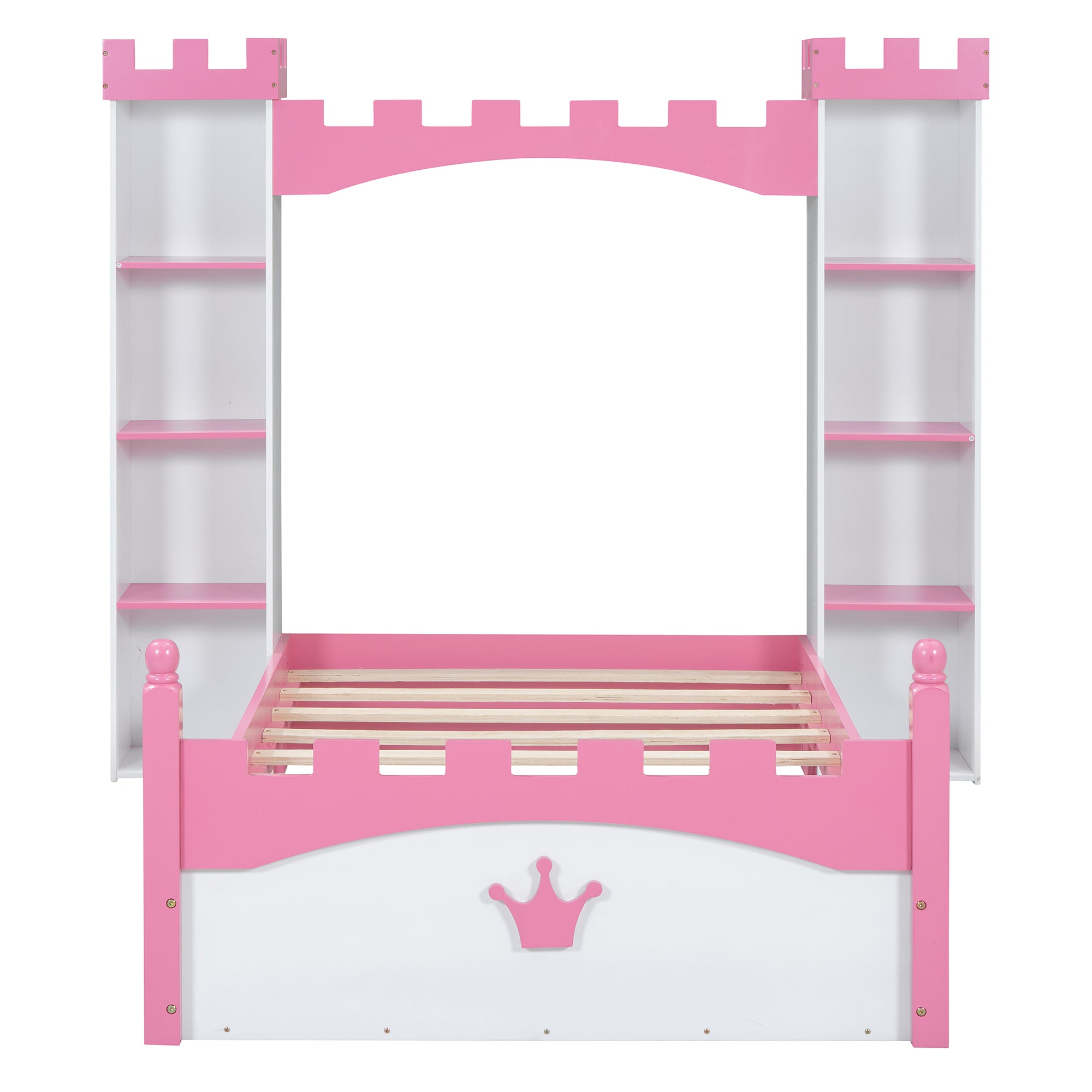 Castle-Shaped Wooden Bed with Storage Shelf, Dreamy Twin Size Platform Bed for Kids Bedroom, White + Pink