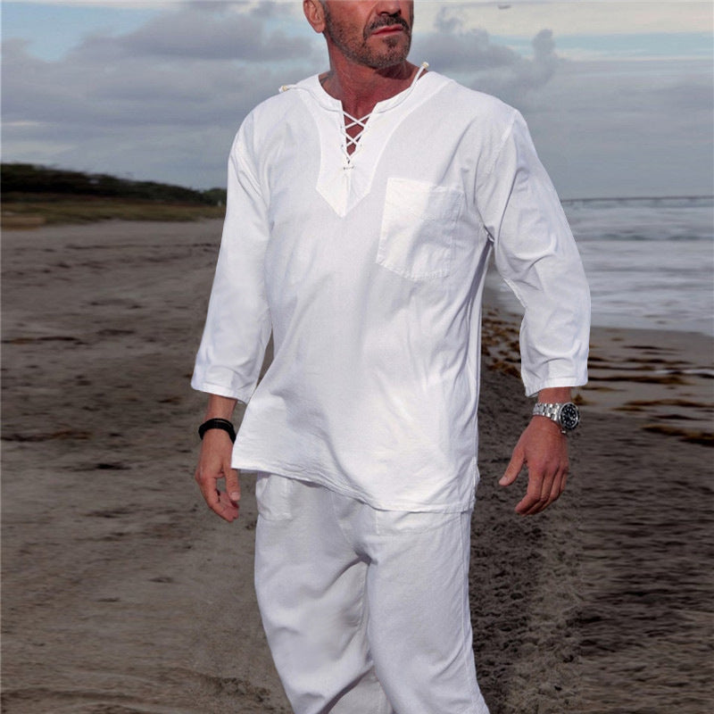 Men's new casual solid color lace-up beach cotton and linen suit