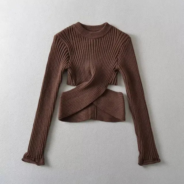 Fashion Women's Knitted Pullover Round Neck Slim Long Sleeve Hollow Out Cross Waist Bottom Sweater Spring