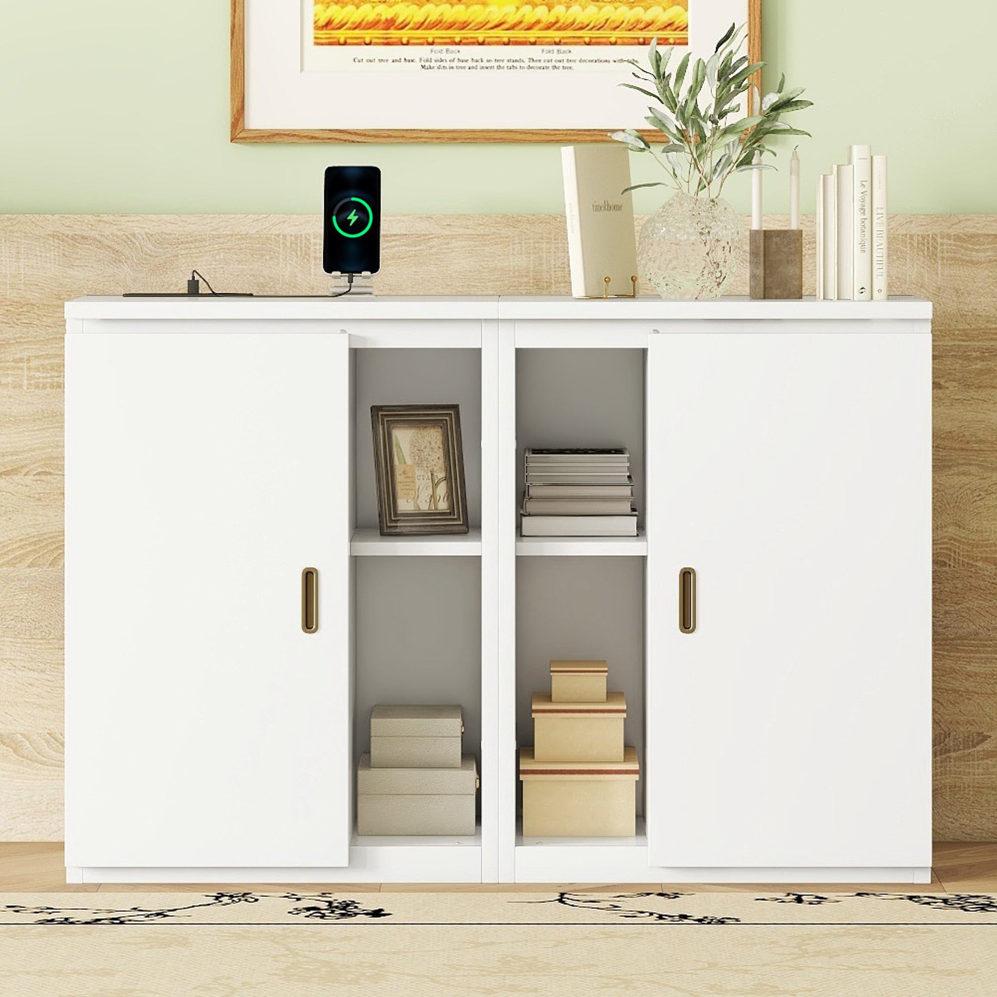 Full Size Murphy Bed with Shelves, Cabinets and USB Ports,White