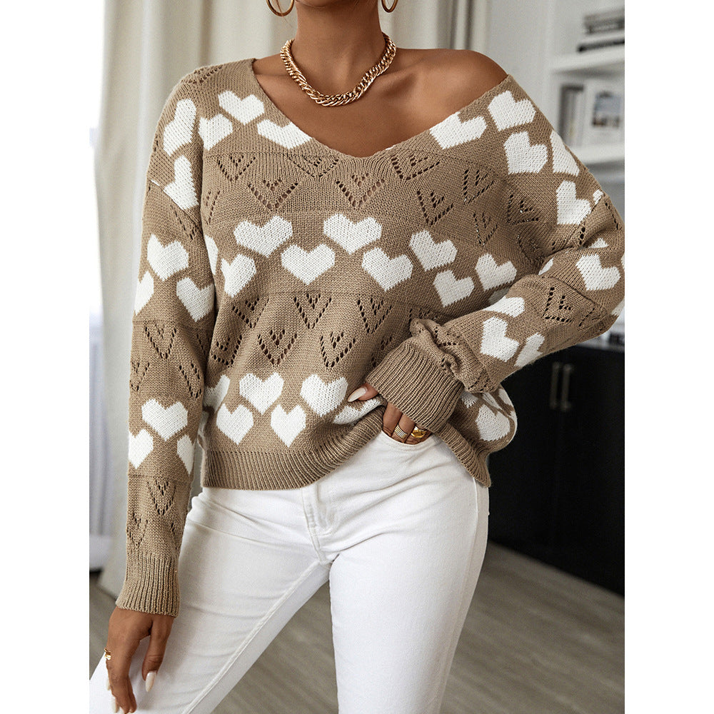 Autumn And Winter New Sweater V-Neck Love Pattern Sweater Loose Fashion Women's Wear