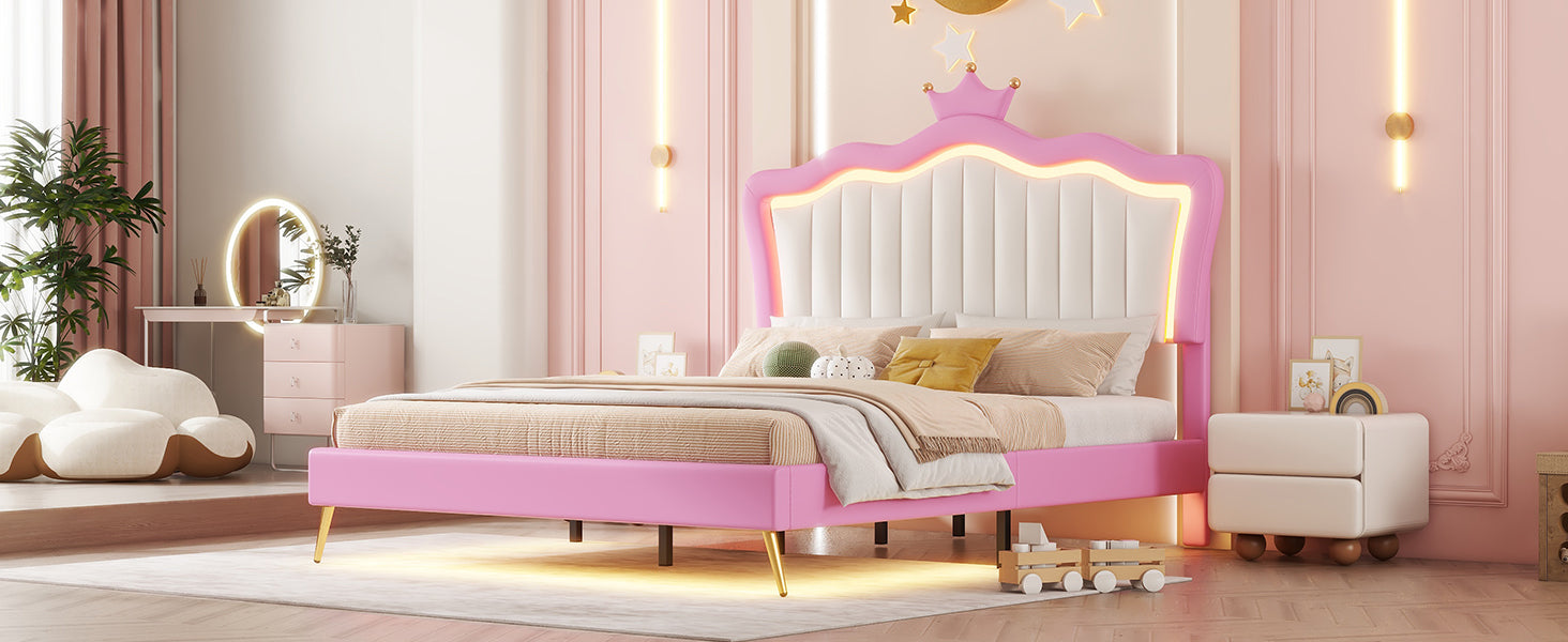 Cadre de lit rembourré pleine grandeur avec lumières LED, lit de princesse rembourré moderne avec tête de lit couronne, rose + blanc