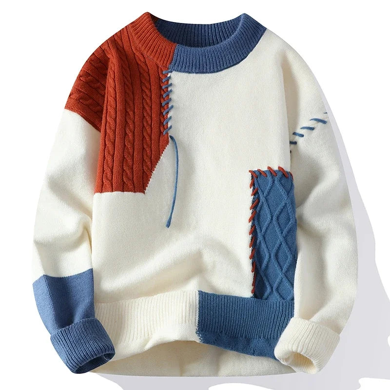 Pull en peluche contrasté pour garçon, pull en tricot décontracté à col rond 