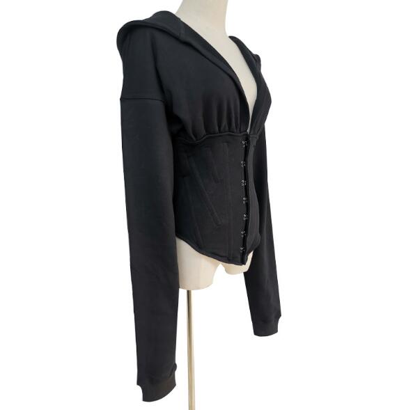 Thin Slim Hooded Long Sleeve Waist Black V-neck Casual Sweater Women's Trendy Slim Sweater