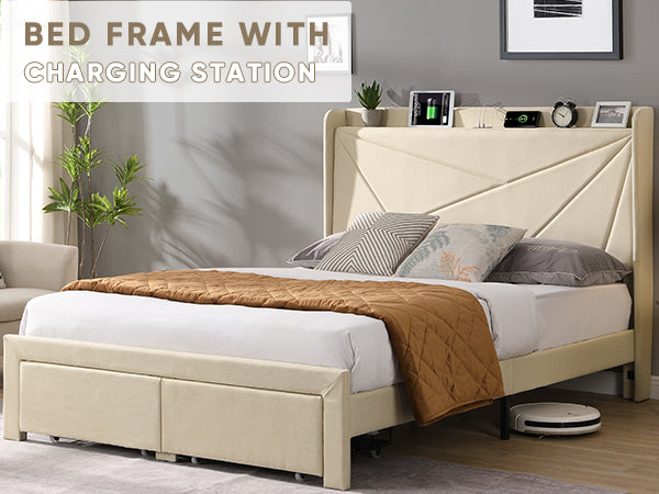 Full Size Bed Frame with 2 Storage Drawers Upholstered Bed Frame Beige