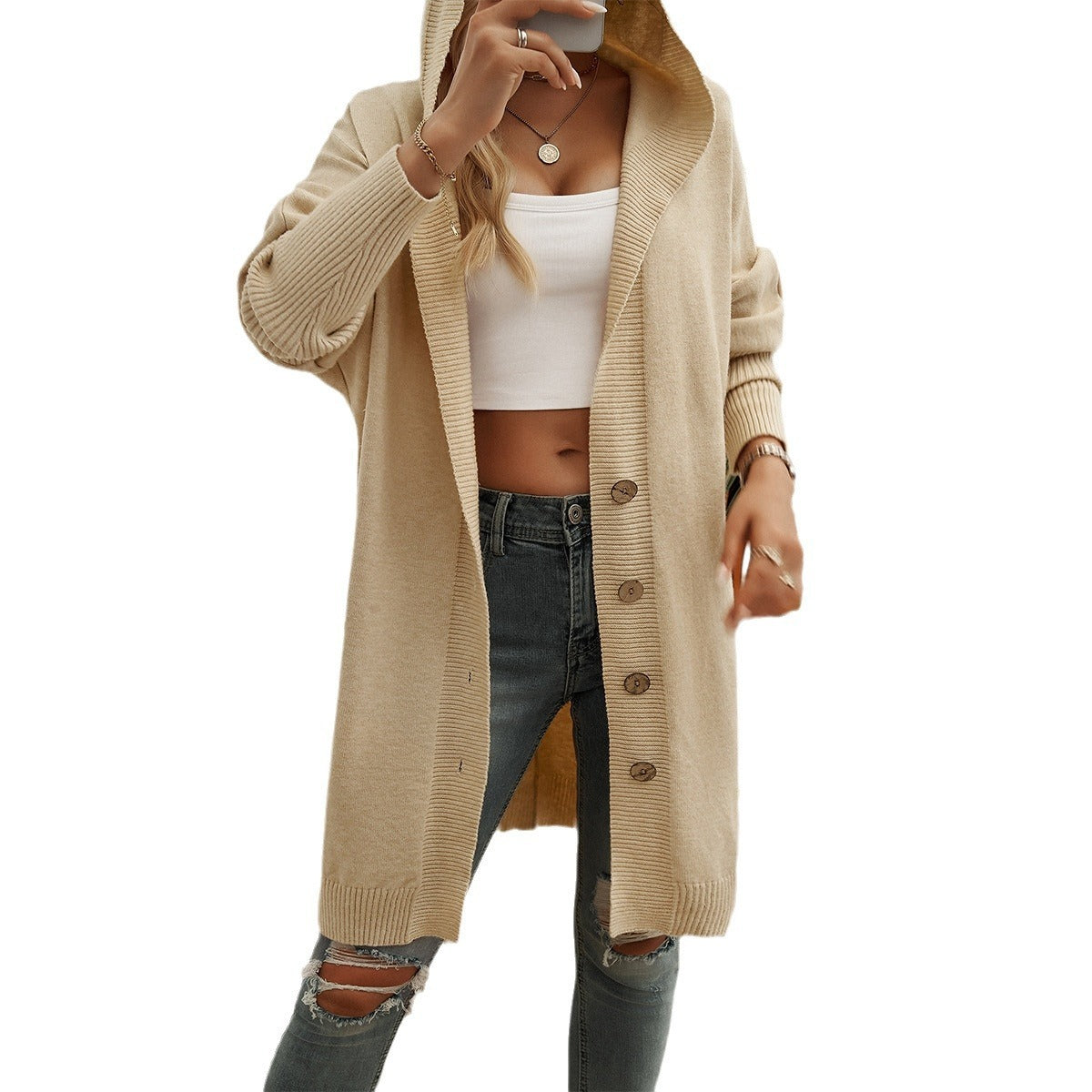 Autumn and winter new casual loose cardigan breasted hooded sweater jacket women's clothing