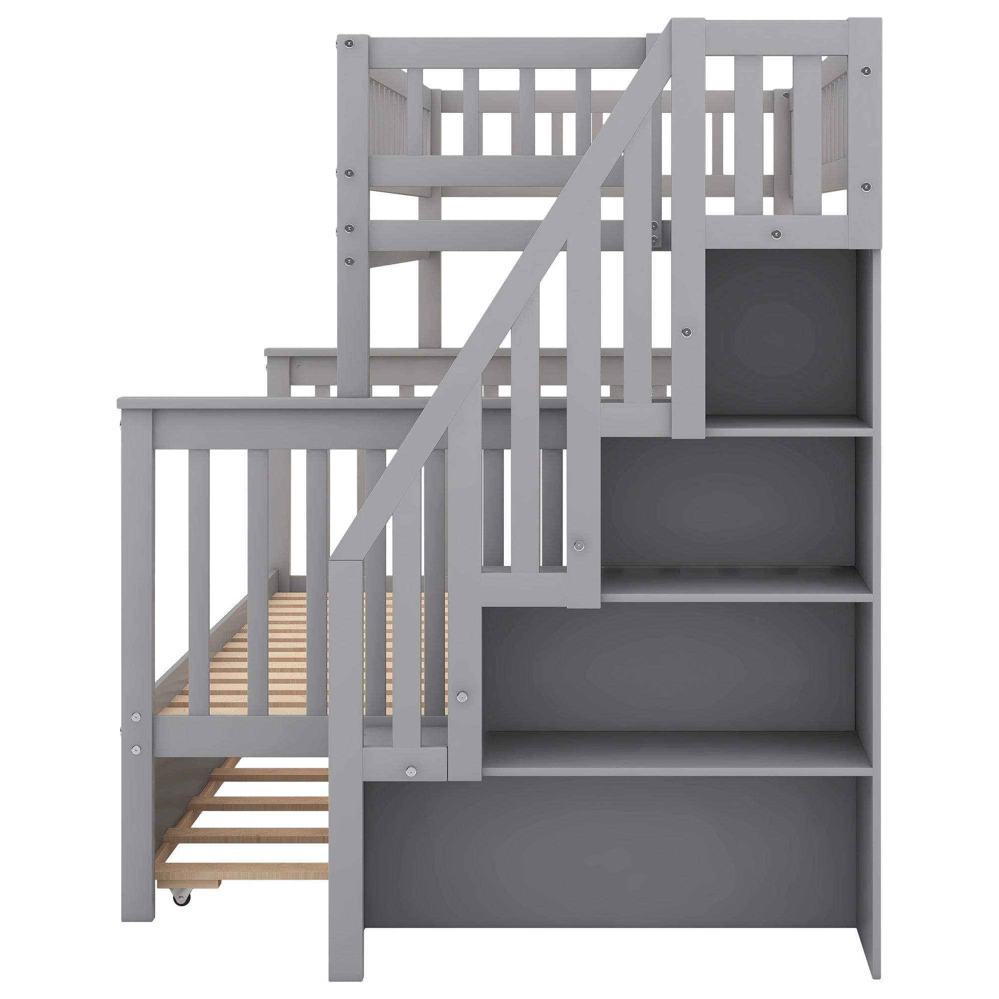 Twin over Full Bunk Bed with Trundle and Staircase Gray