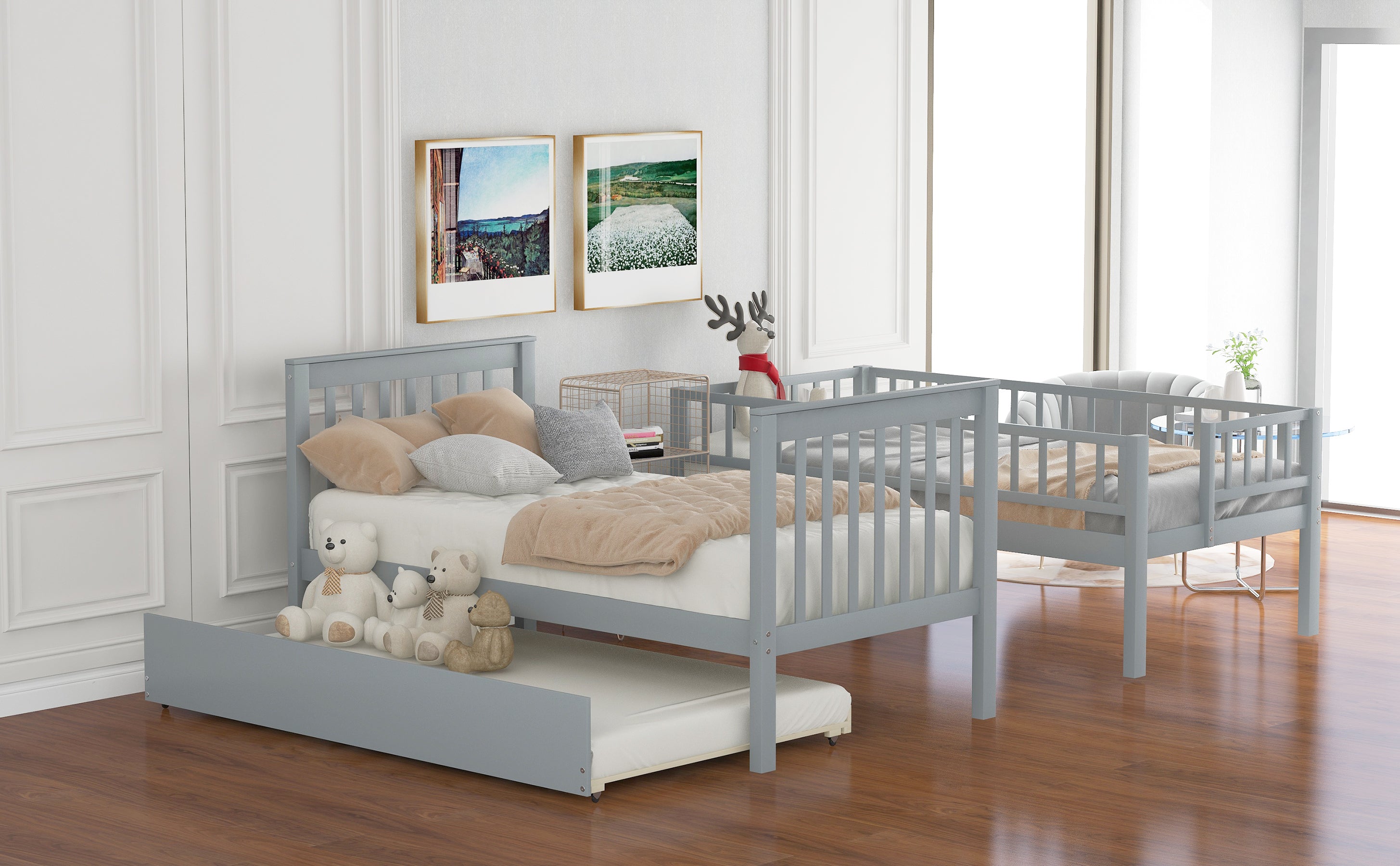 Twin over Twin Bunk Bed with Trundle and Storage  Gray