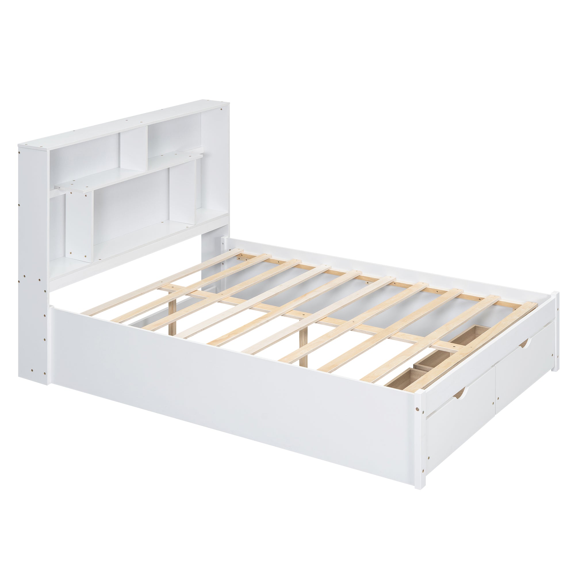 Cama de plataforma de tamaño completo con cabecera con espacio de almacenamiento y 2 cajones, color blanco