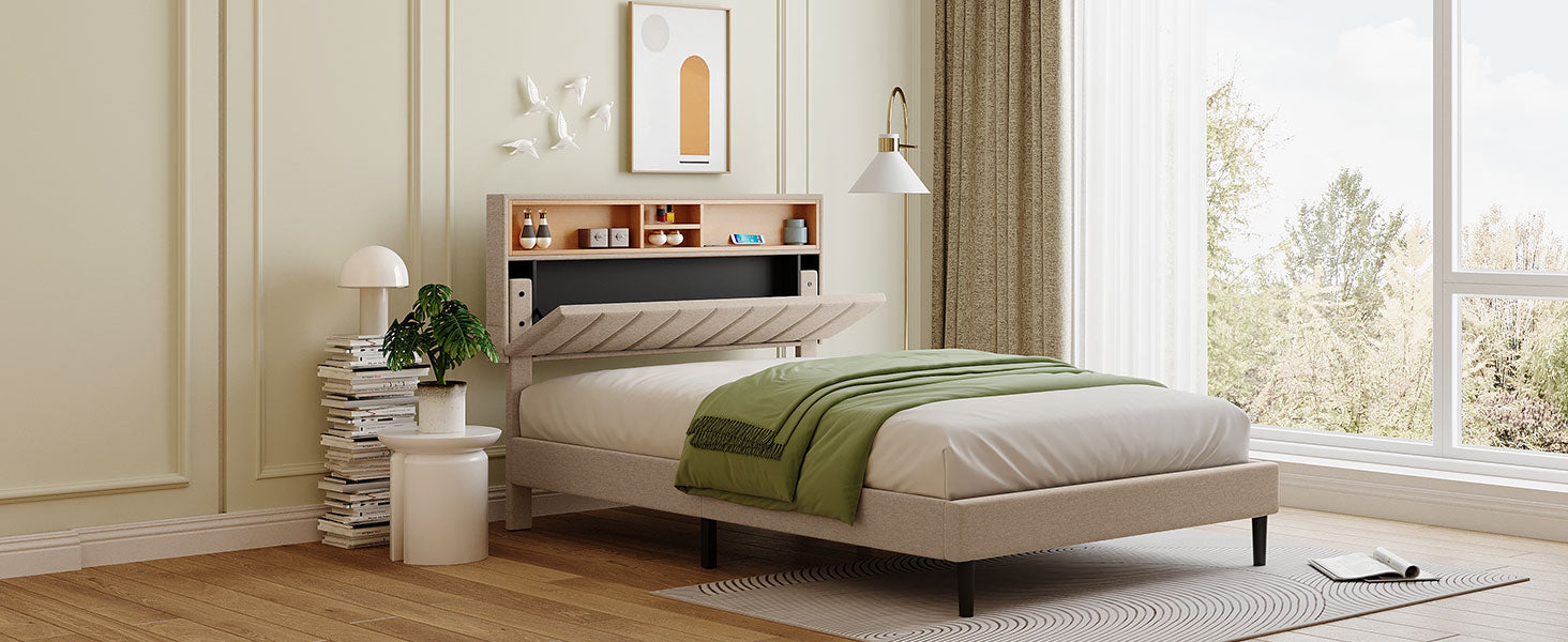 Full size Upholstered Platform Bed with Storage Headboard and USB Port Linen Fabric Upholstered Bed (Beige)