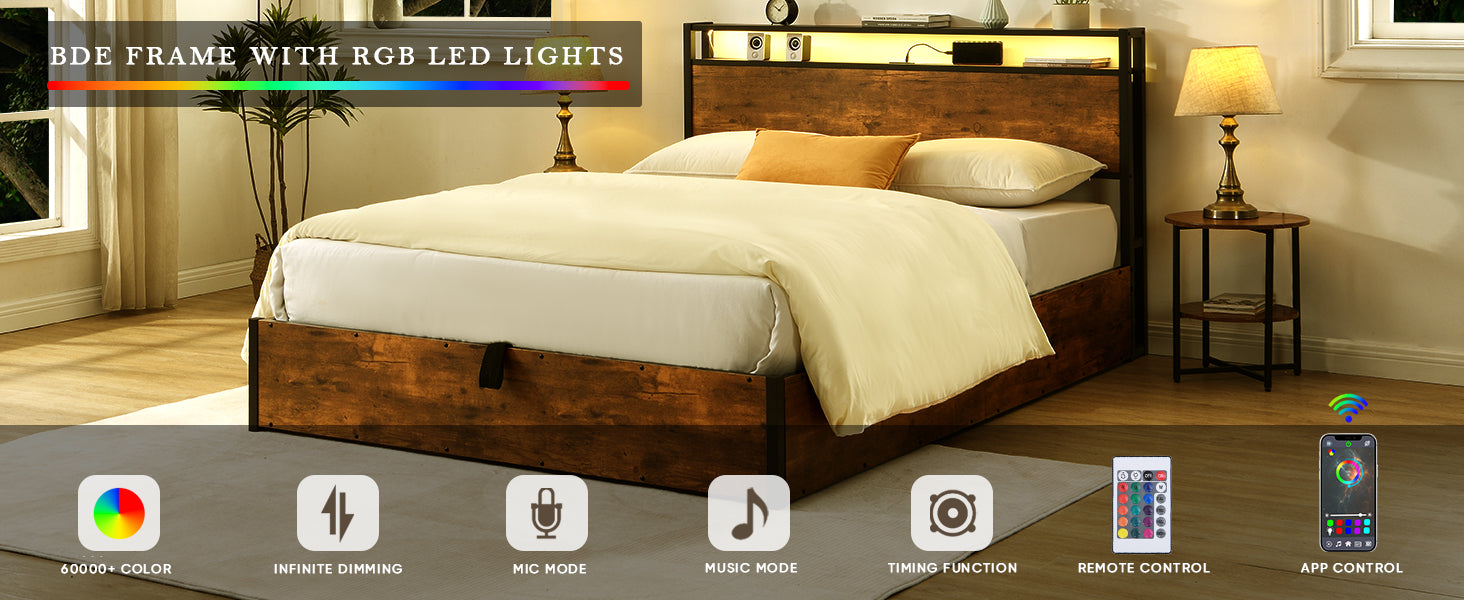 Elevating storage bed frame, full-size bed frame with bookshelf headboard and LED lights, with country brown color