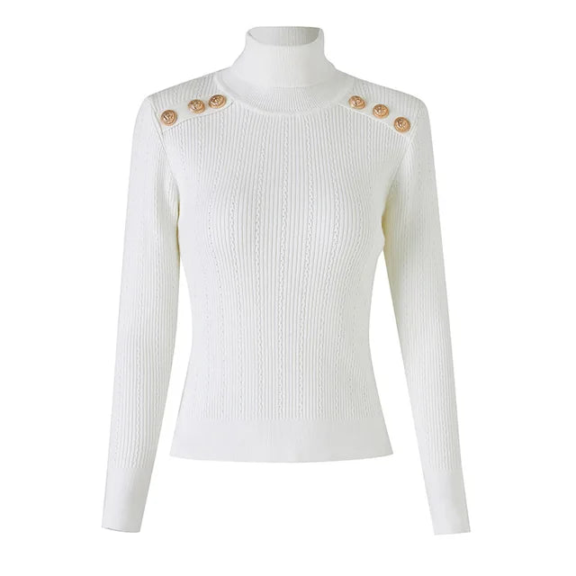 New Classic Turtlenecks Pullovers Long Sleeve Gold Buckle Sweater Women Winter Fall Casual Elasticity Knitting Top