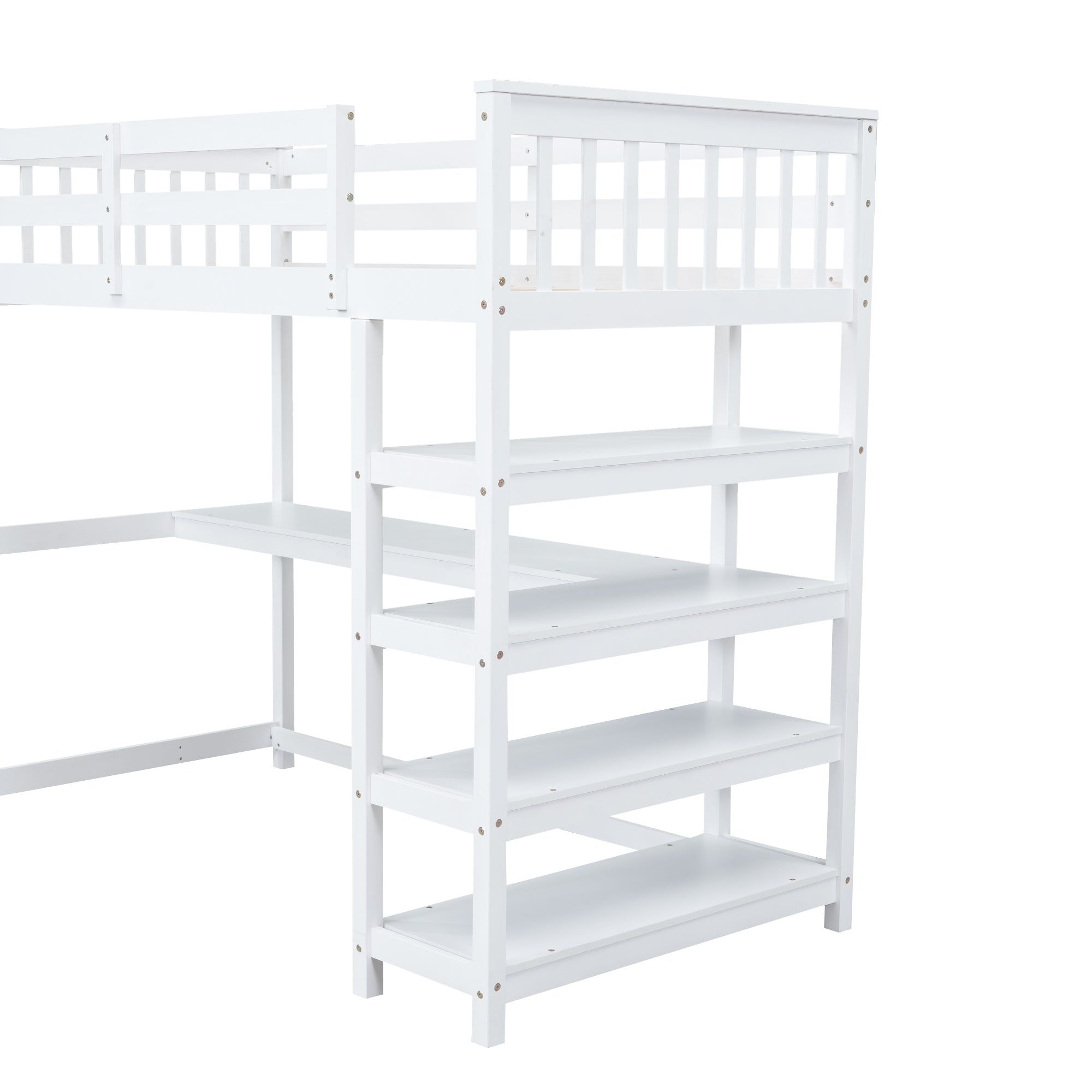 Twin Size Loft Bed with Storage Shelves and Under-bed Desk  White