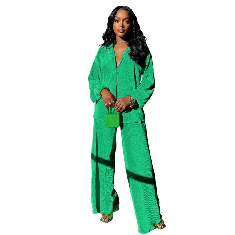 Women's Sets Long Sleeve Shirt Tops Wide Leg Pants Elegant Tracksuit Two Piece Set