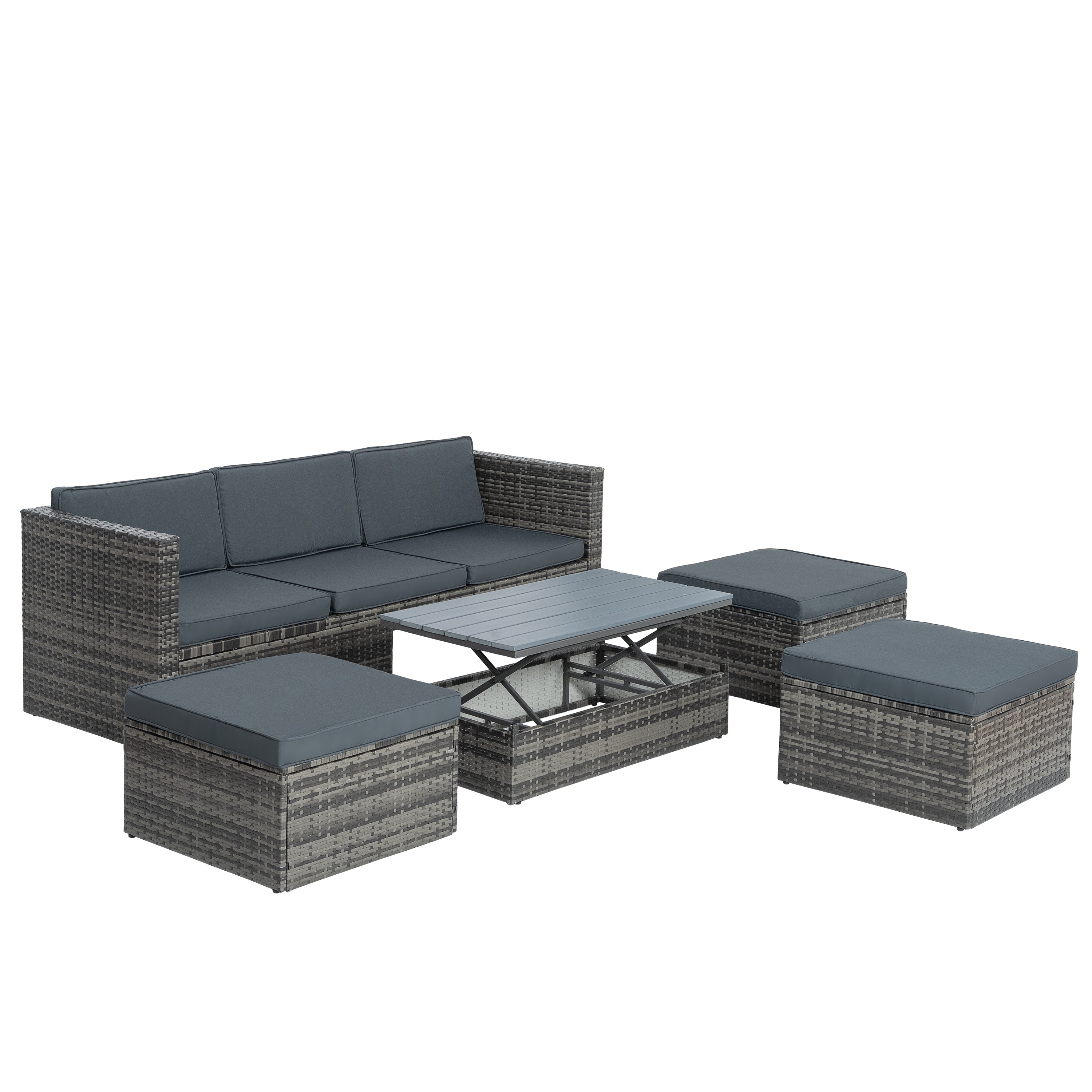 Muebles de patio, muebles de exterior, muebles de mimbre de PE de temporada, juego de 5 muebles de mimbre con mesa de centro de madera contrachapada