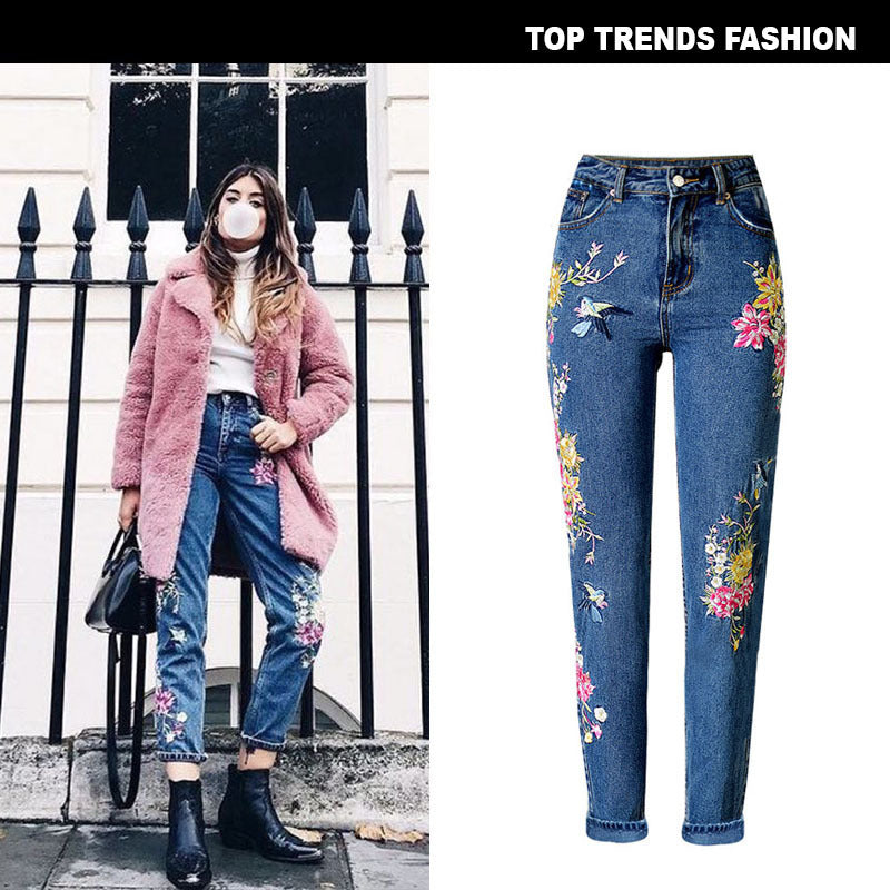 Women's Pop Bird Flower Front and Back Embroidered High Waist Slim Straight Jeans