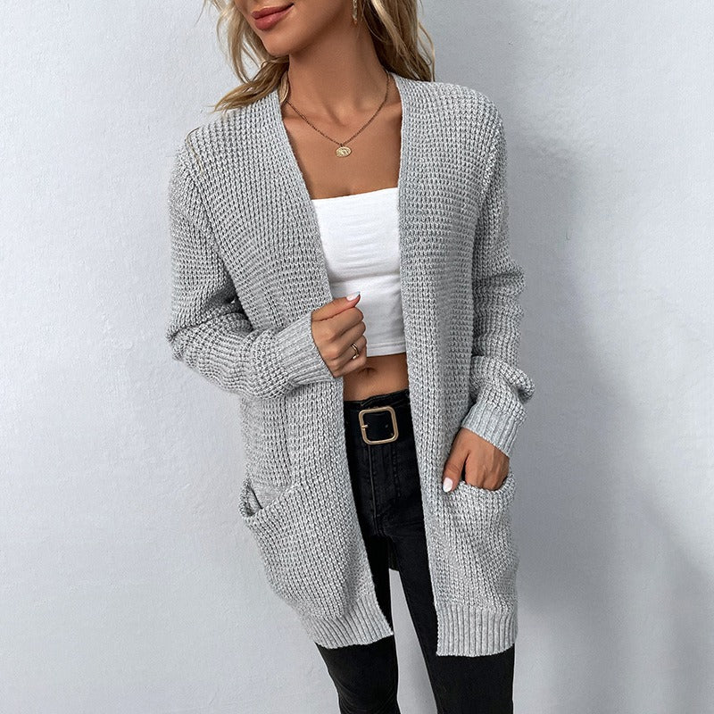 Pull tricoté pour femme, pull à poche de couleur unie, veste cardigan pour femme