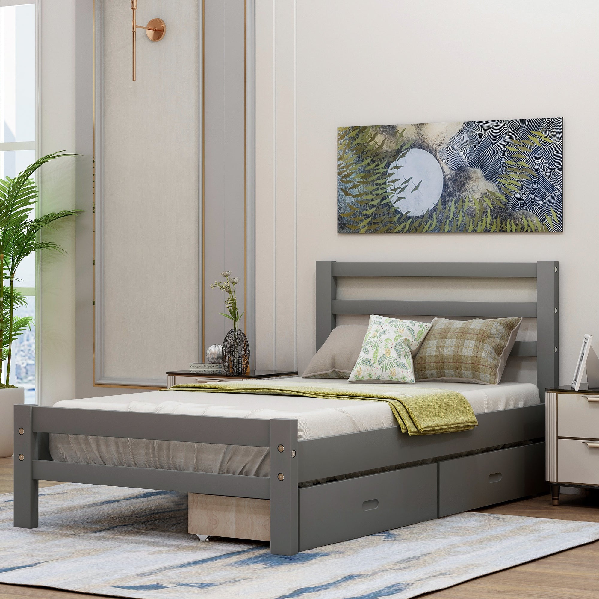 Wood platform bed with two drawers  twin (gray)