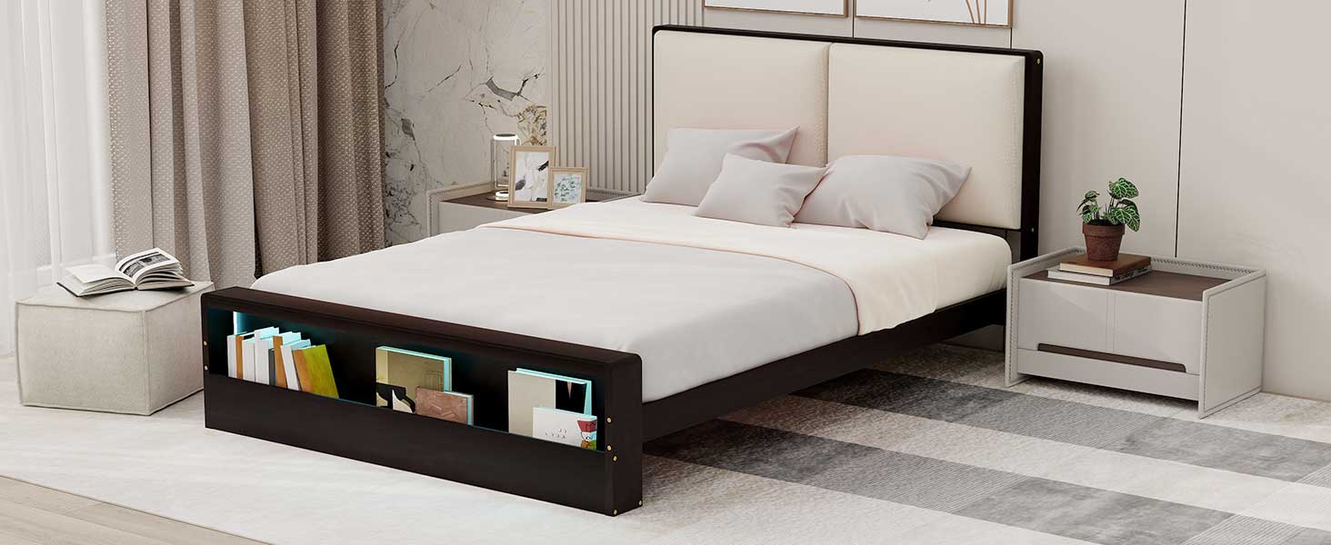 Queen Size Platform Bed Frame with Upholstery Headboard and Bookshelf in Footboard and LED Light Strips, Espresso