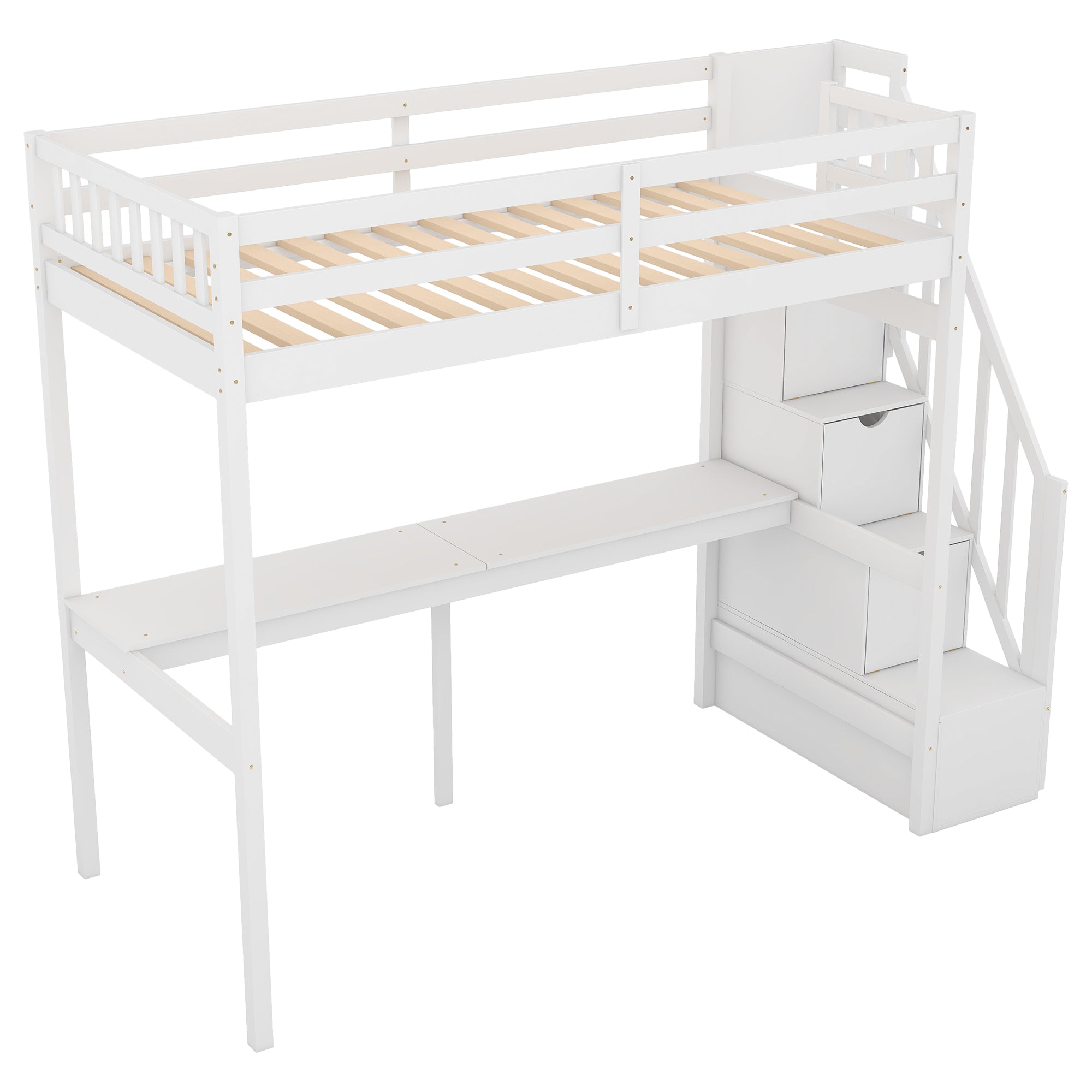 Cama alta tamaño twin con escalera de almacenaje y escritorio incorporado, color blanco