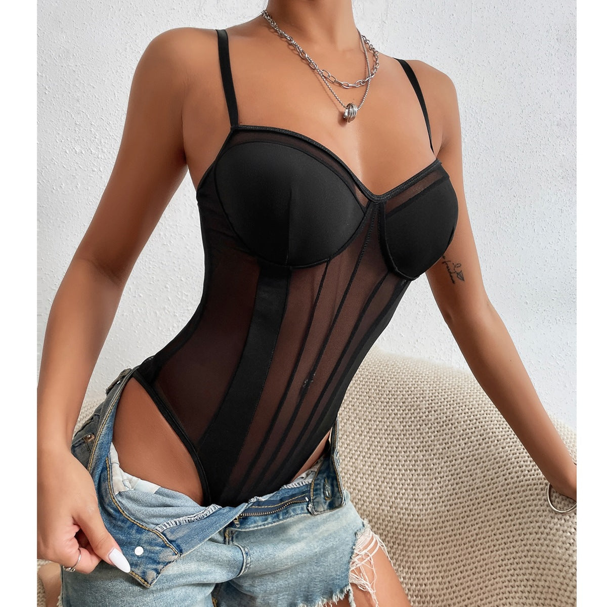 Summer New Sexy See-Through Backless Lace Fishbone Stitching Jumpsuit Bodysuit