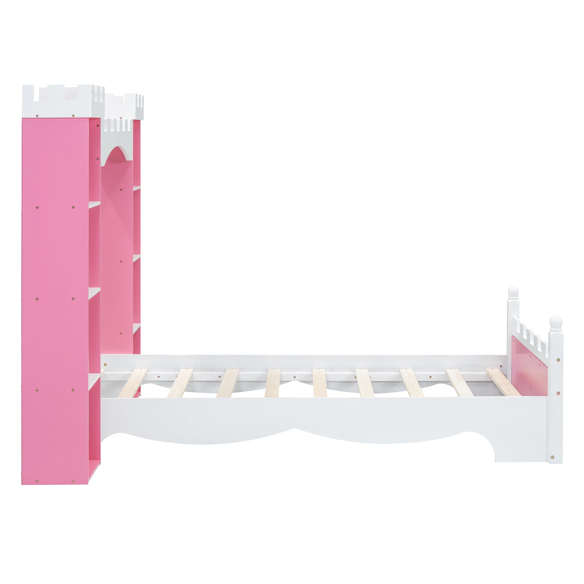 Cama de madera en forma de castillo con estante de almacenamiento, cama de plataforma de tamaño doble de ensueño para dormitorio infantil, rosa y blanco