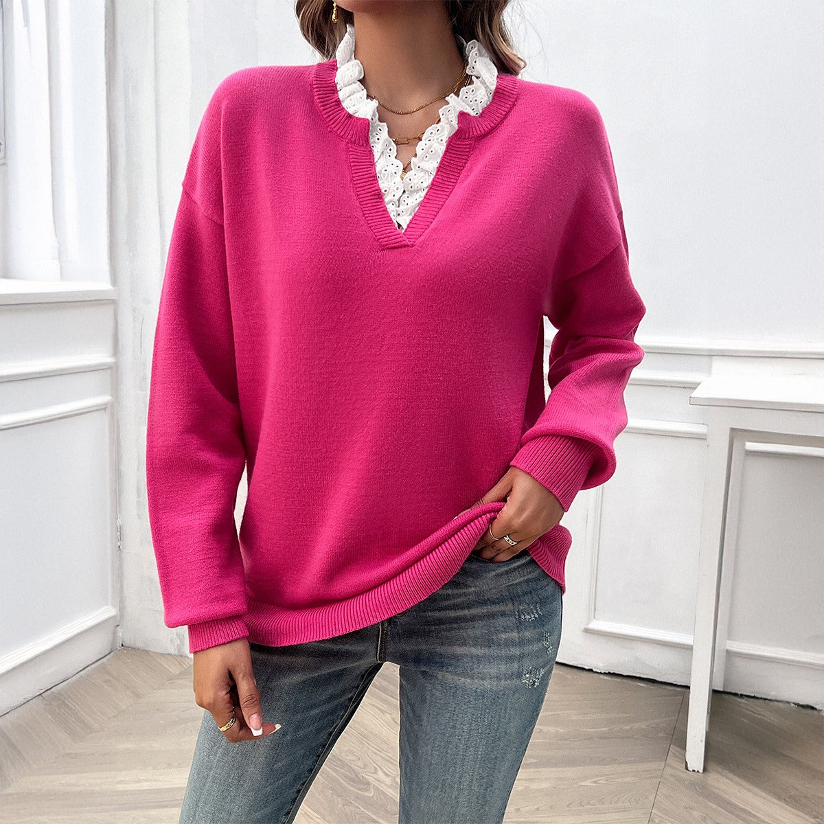 Pull ample à col en V en dentelle pour femme, vêtement d'automne et d'hiver européen et américain 