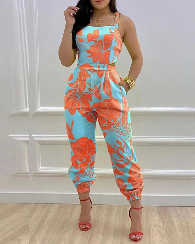 New European and American Open Back Cross Lace Up Bow Print Casual Jumpsuit