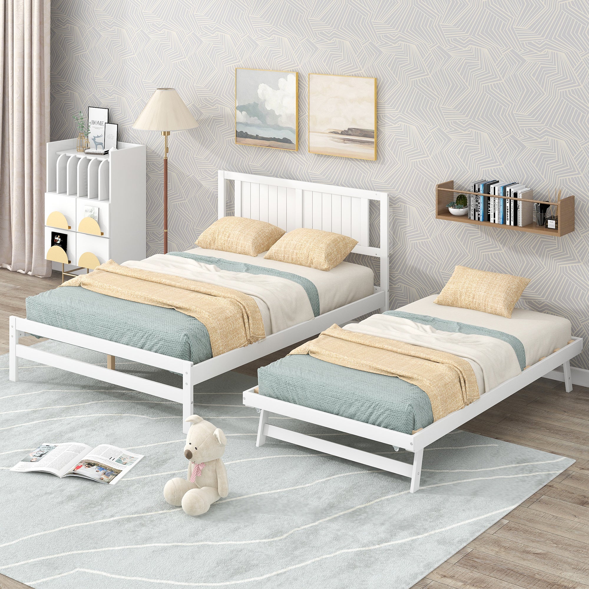 Cama de plataforma de tamaño completo con nido ajustable en color blanco