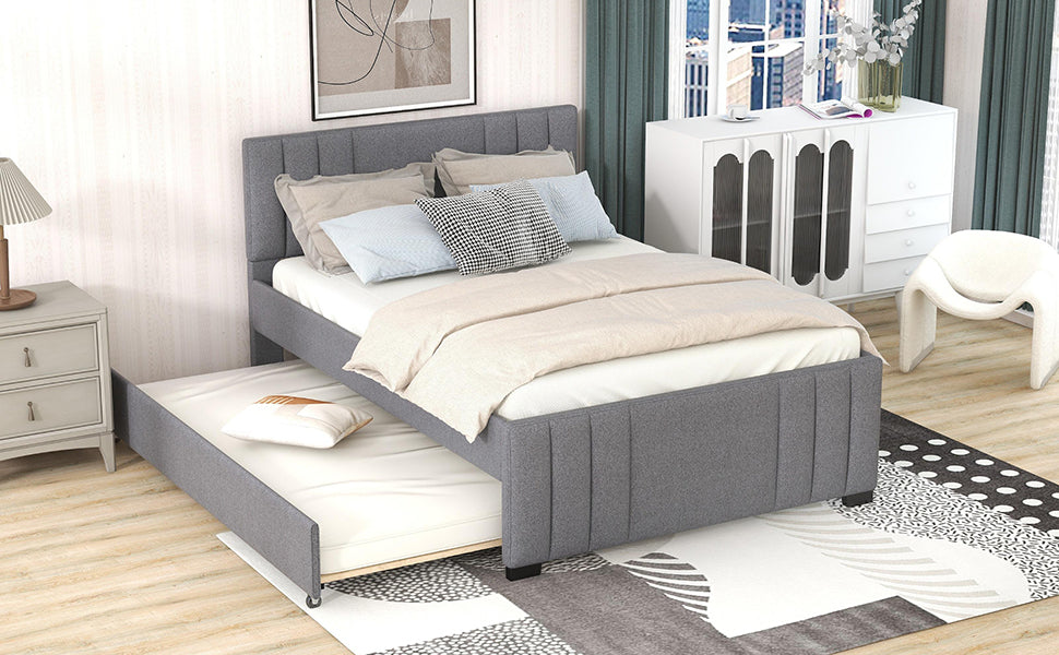 Full Upholstered Platform Bed with Trundle Grey