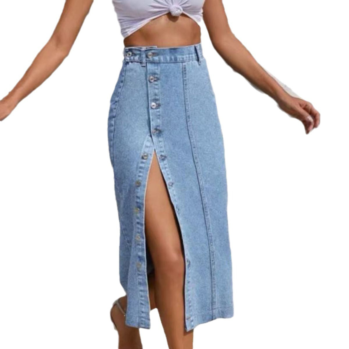 Summer New Women's Button Pack Hips Denim Skirt Fashion Slim Mid Length Jeans Skirt