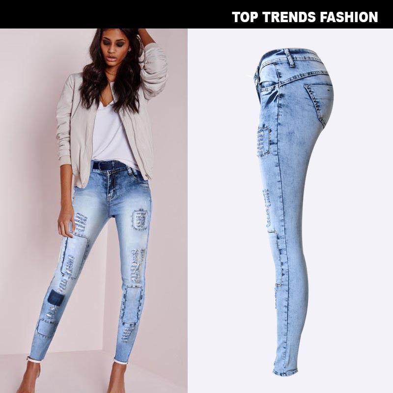 Popular Slim Pencil Pants Stretch Denim Ripped Pencil Pants Are Thin And Multi-Hole Patch Trend Models