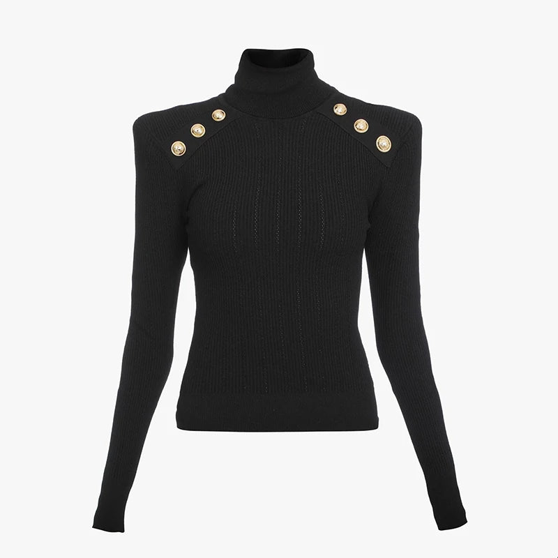 New Classic Turtlenecks Pullovers Long Sleeve Gold Buckle Sweater Women Winter Fall Casual Elasticity Knitting Top