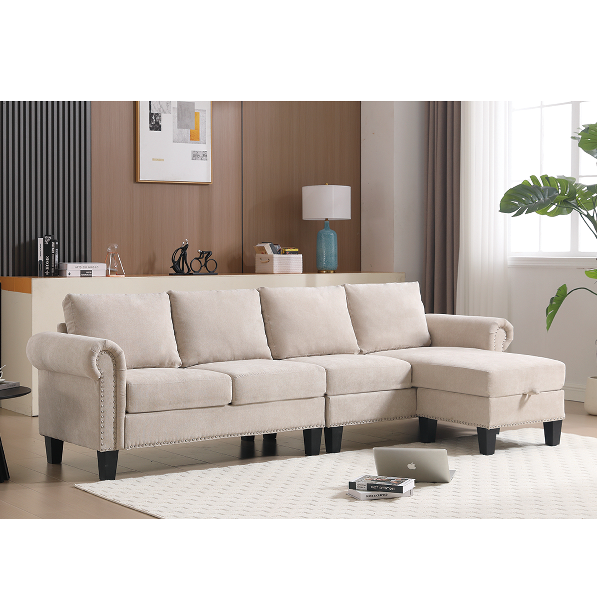 Convertible Sectional Sofa with Storage,L-shaped sofa,Four-seater sofa,Modern Linen Fabric Sectional Couches Beige