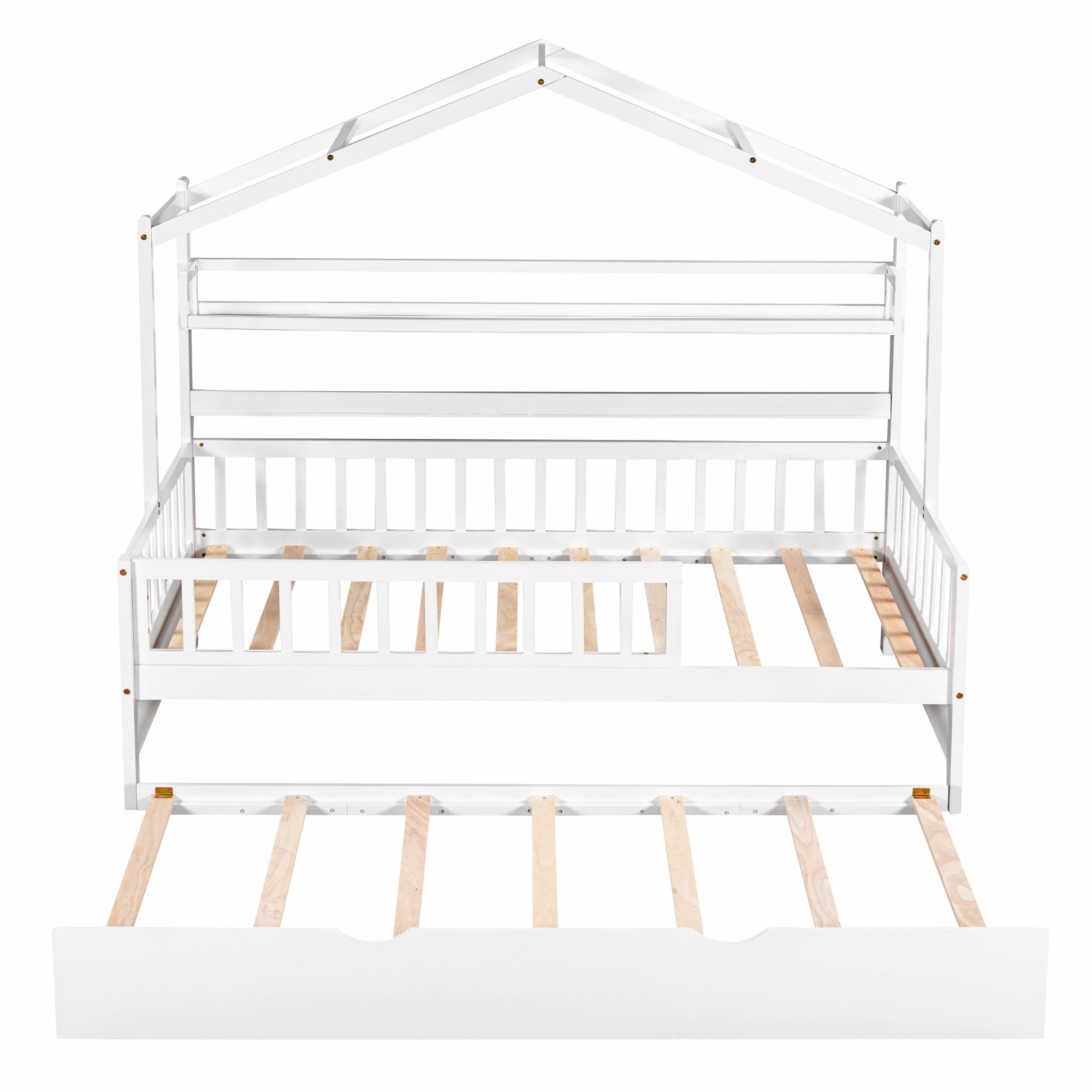 Wooden Twin Size House Bed with Trundle Kids Bed with Shelf White