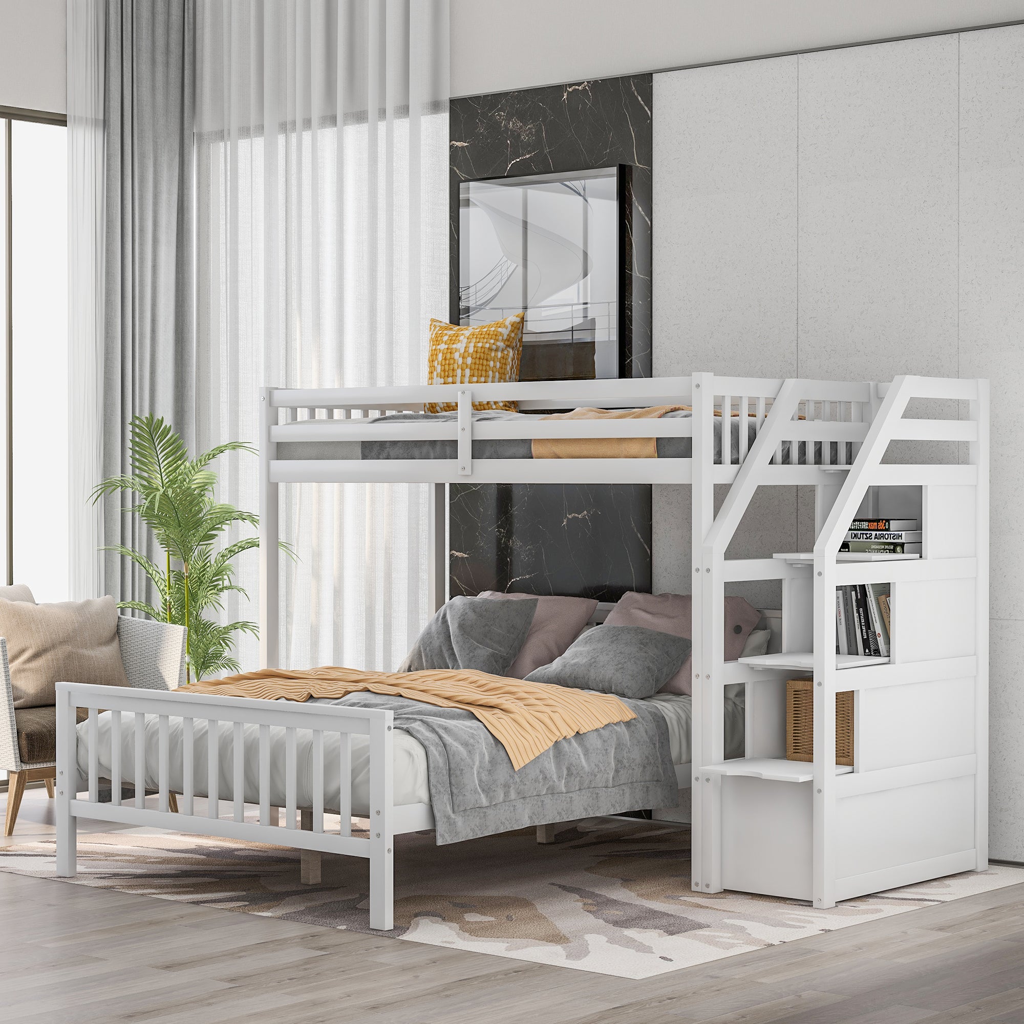 Twin over Full Loft Bed with Staircase,White