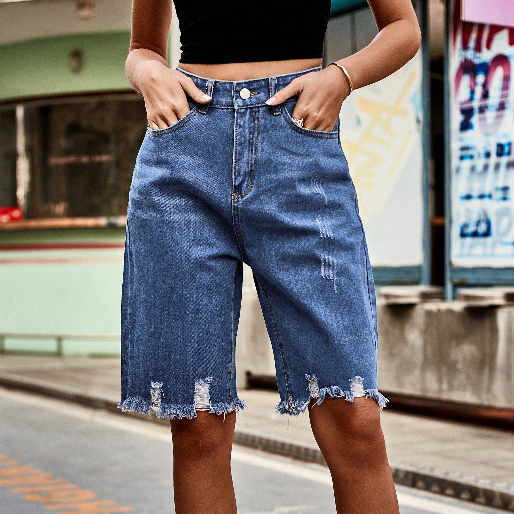 Y2K Women's Blue Jeans Retro Fashion Street Ripped Cropped Pants Fashion Tassel Distressed Plus Size Mom Denim Shorts