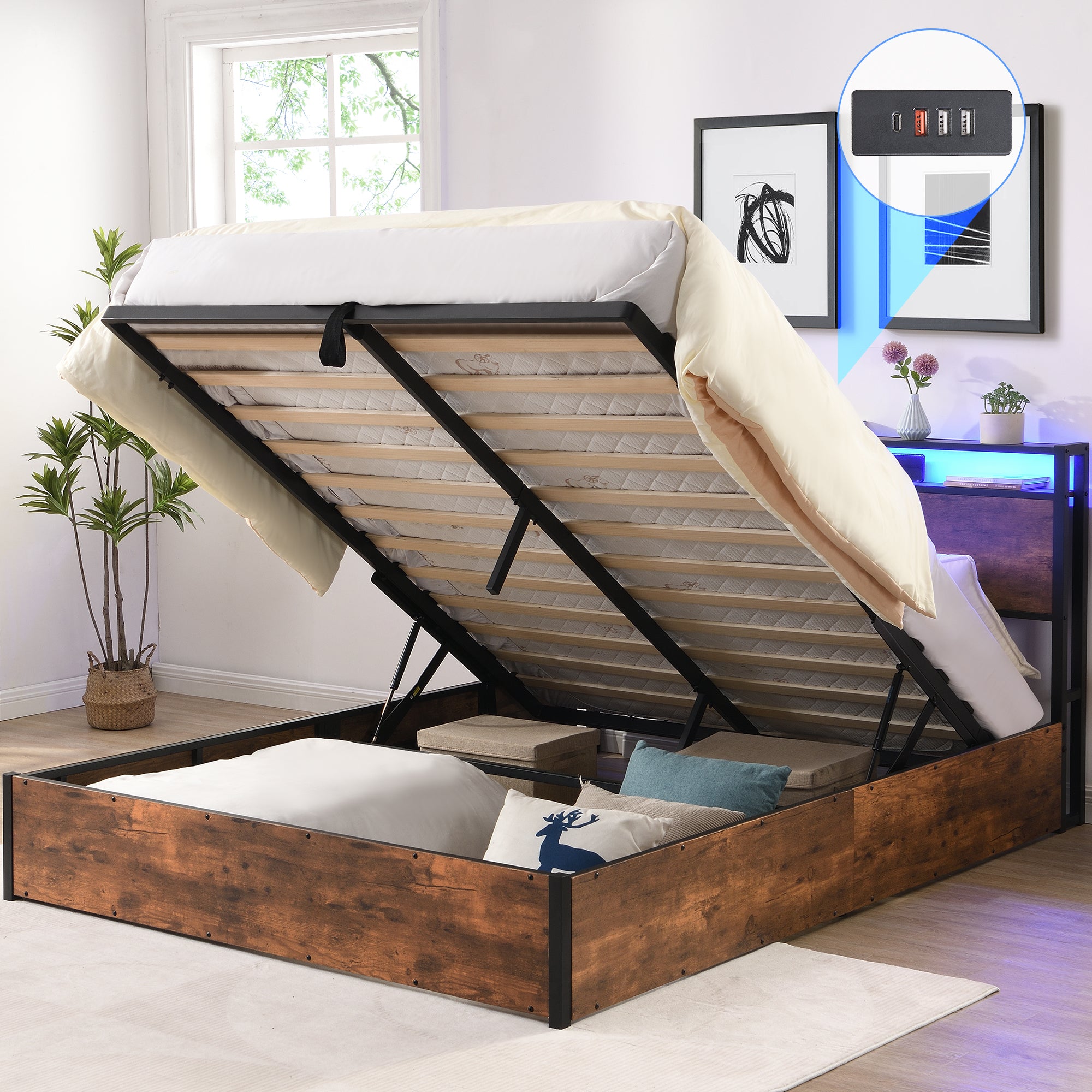 Elevating storage bed frame, full-size bed frame with bookshelf headboard and LED lights, with country brown color