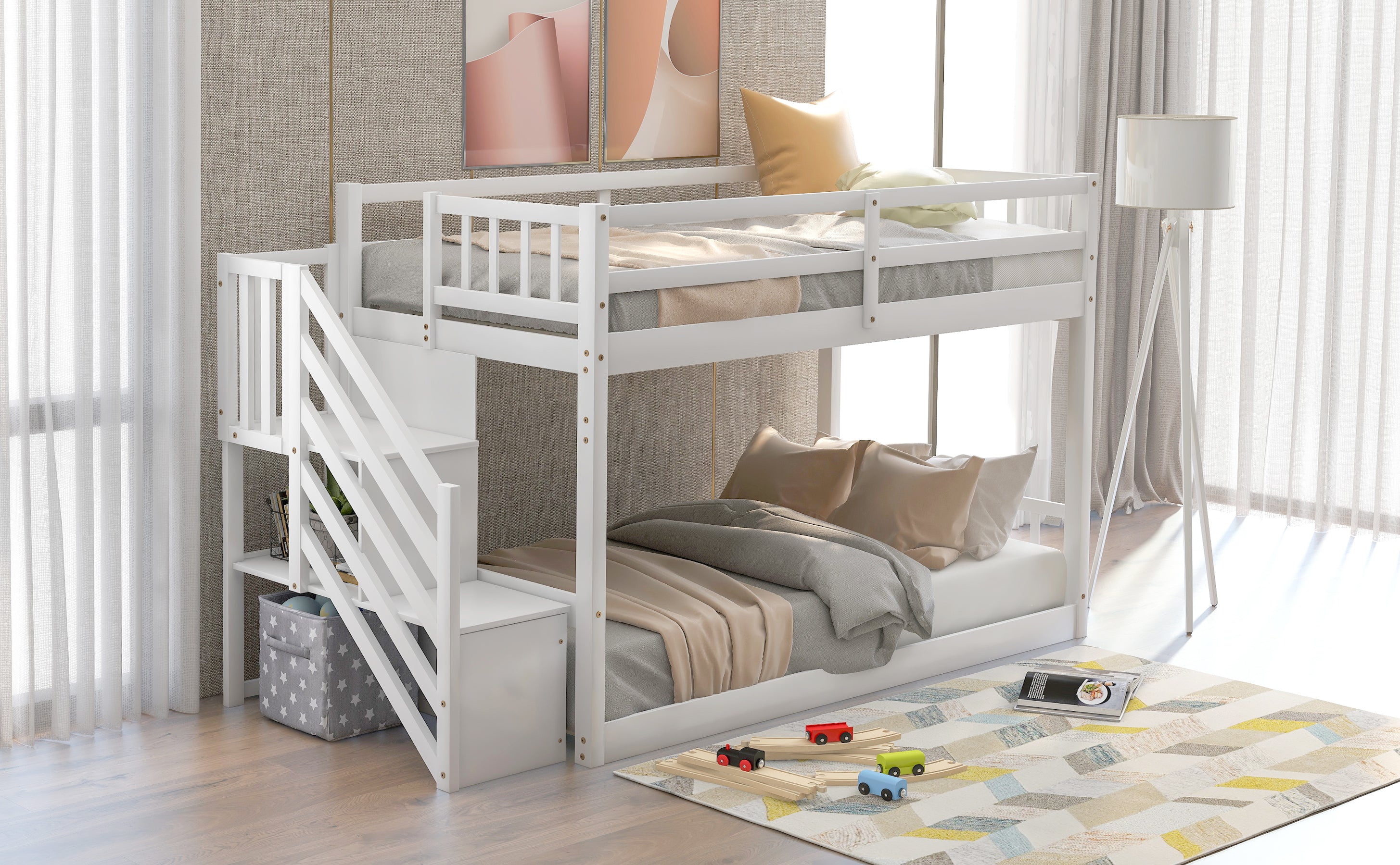 Twin over Twin Floor Bunk Bed, Ladder with Storage  White