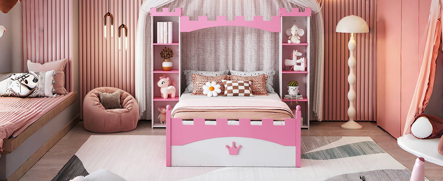 Castle-Shaped Wooden Bed with Storage Shelf, Dreamy Twin Size Platform Bed for Kids Bedroom, White + Pink